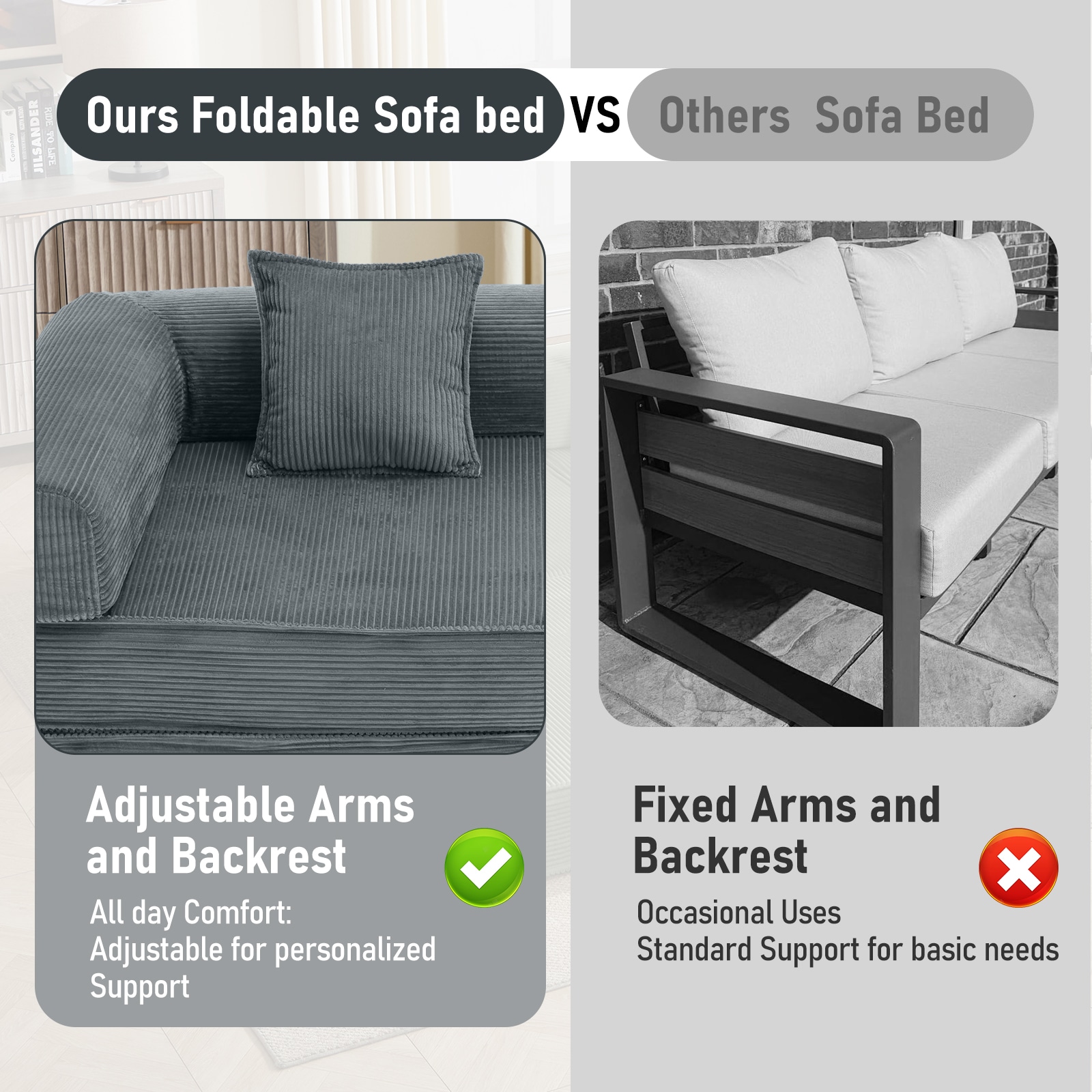 Convertible Sleeper Sofa Bed Grey Modular Corduroy Couch 2 Pillows_voghion.com